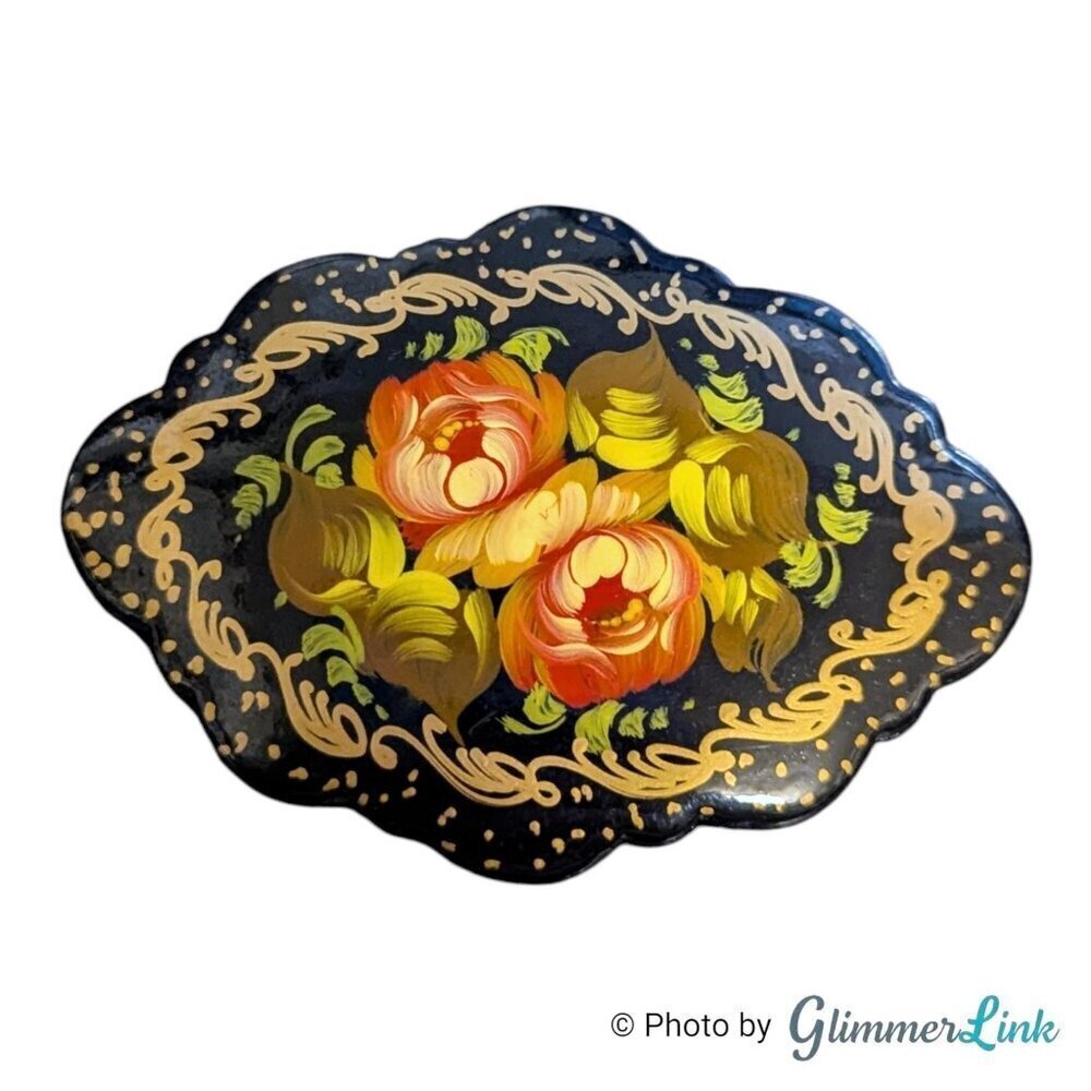 Vintage Hand Painted Lacquer Wood Scalloped Oval Floral Folk Art Brooch Signed